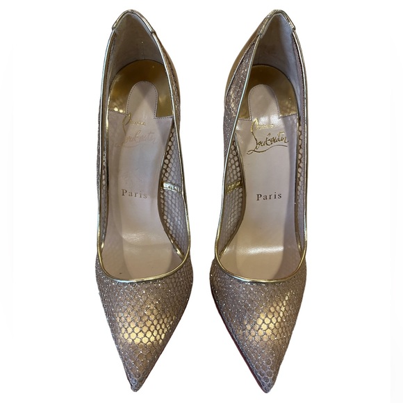 Christian Louboutin Follies Resille Glitter Fishnet High Heels Pumps Gold 8.5 - Picture 9 of 16